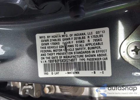 2013 Honda Civic Lx из США, поврежденный, VIN 19XFB2F5XDE214977